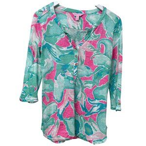 Lilly Pulitzer Linen Henley Tee Size Small Preppy Floral 3/4 Sleeve Womens Top